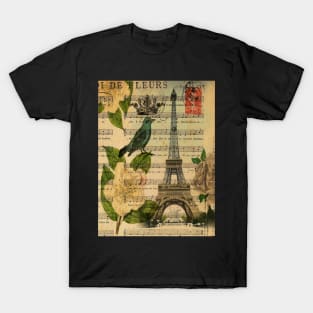 botanical roses bird modern vintage Paris eiffel tower T-Shirt